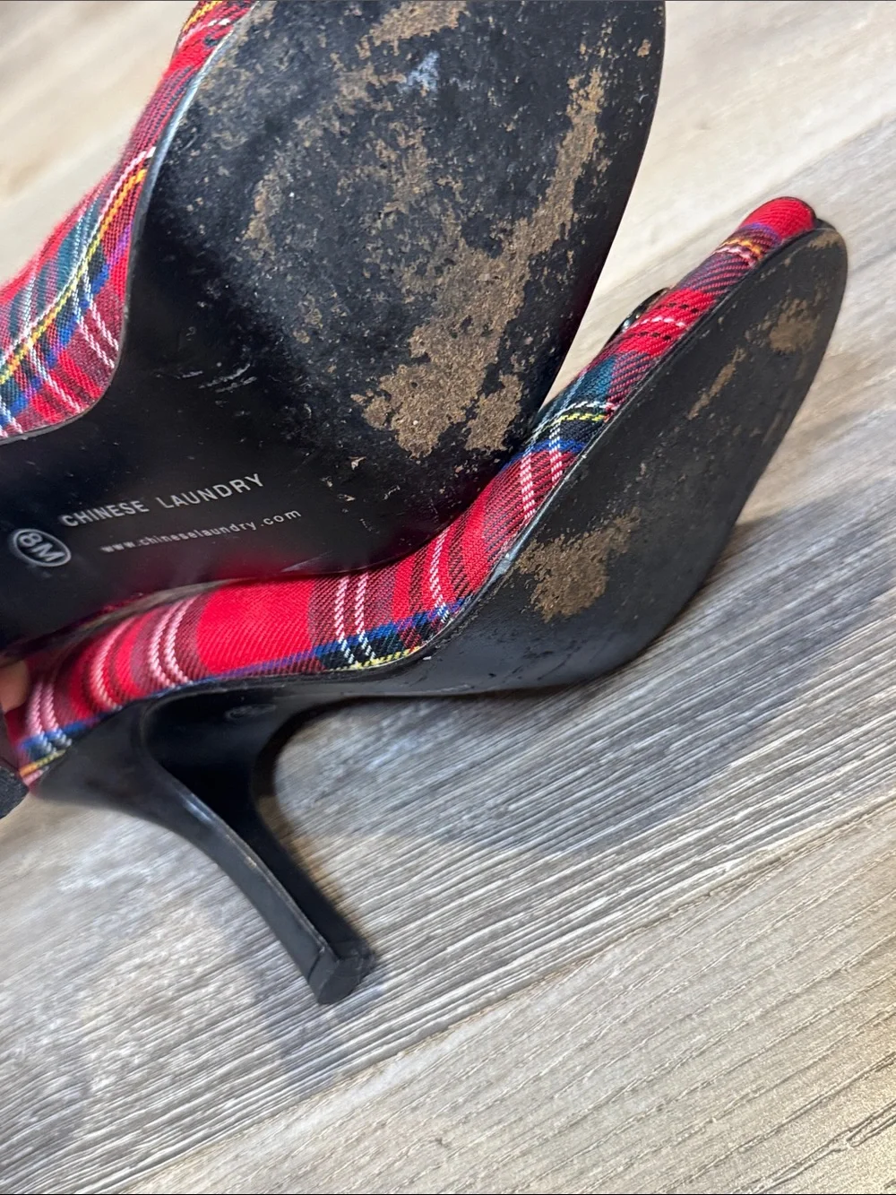 Chinese Laundry Red Plaid Peep-Toe Pumps with Button Accent